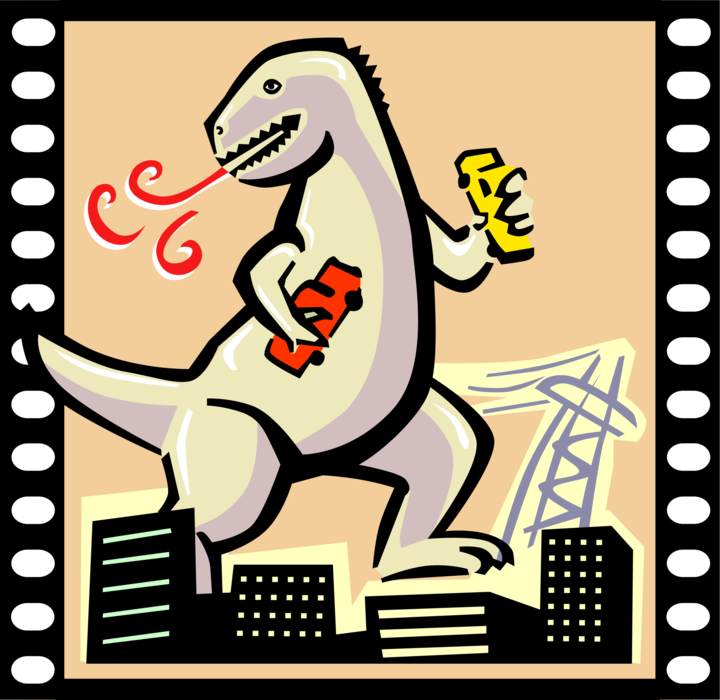 Vector Illustration of Monster Movie Tokusatsu Film with Godzilla Monster Causing Havoc and Destruction