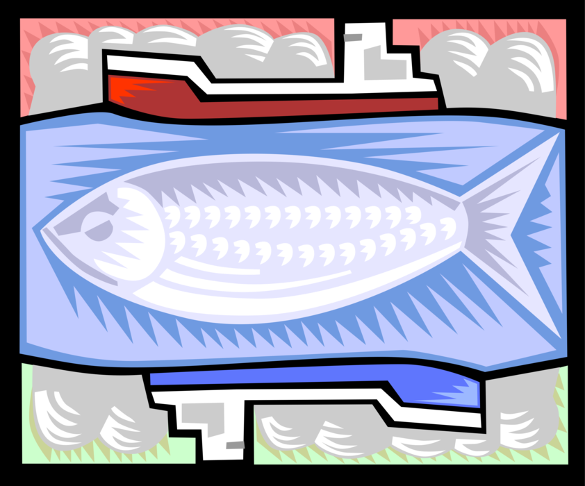 Vector Illustration of Commercial Fishing Industry Trawler Boat Juxtaposed with Fish Symbol