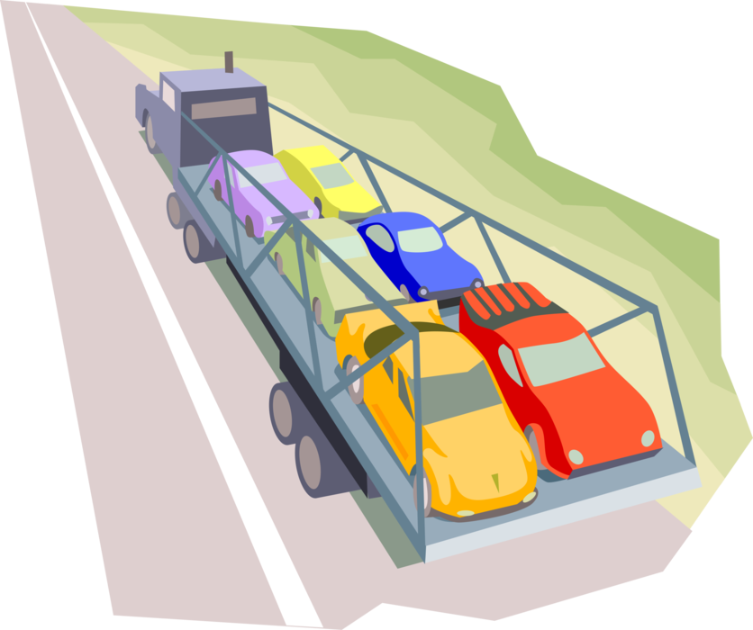 Vector Illustration of Automobiles in Transit on Commercial Shipping and Delivery Transport Trailer Truck Vehicle