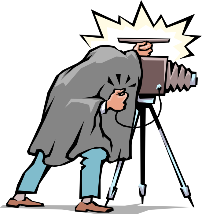 Vector Illustration of Photographer Takes Photo with Camera on Tripod and Flash