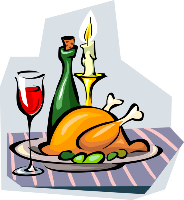 Vector Illustration of Candle-Light Dinner with Red Wine, Roast Chicken Poultry Fowl