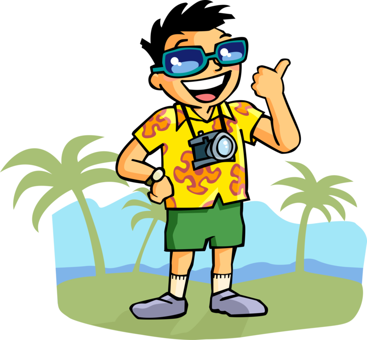 Vector Illustration of Tourist on Summer Vacation in the Tropics with Camera