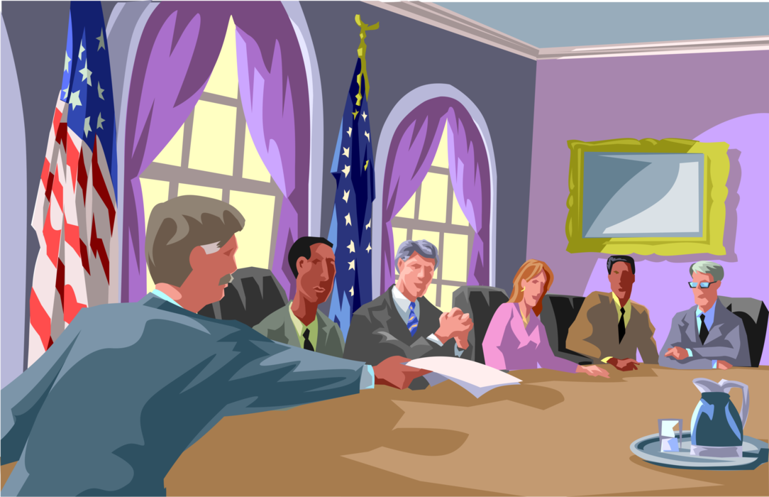 Vector Illustration of United States Government Cabinet Members at Meeting in White House, Washington, D.C.