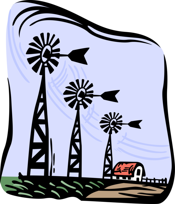 Vector Illustration of American Farm Windmill or Wind Engine Lifts Water from Wells