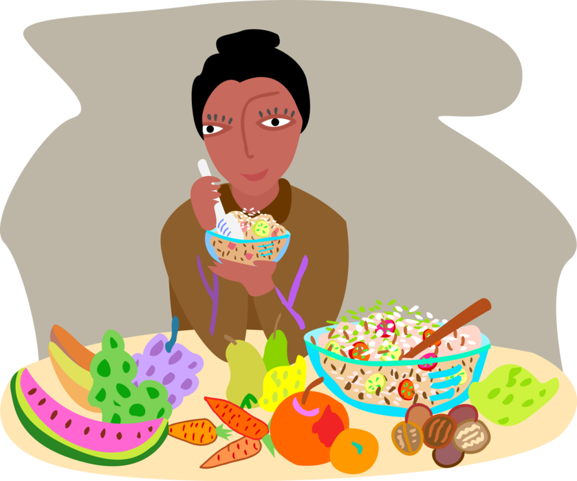 Vector Illustration of Woman with Fresh Fruits and Vegetables with Salad