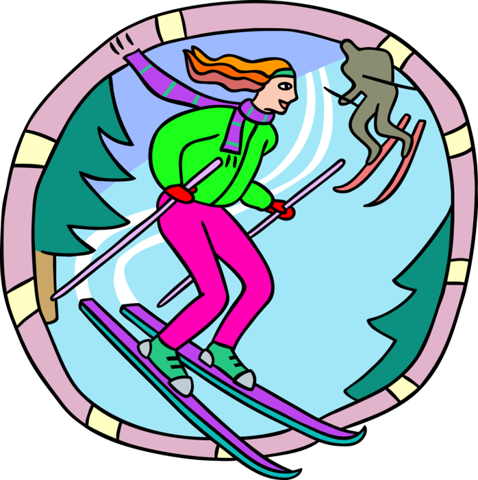 Vector Illustration of Downhill Alpine Skiers Skiing Down Mountain on Skis