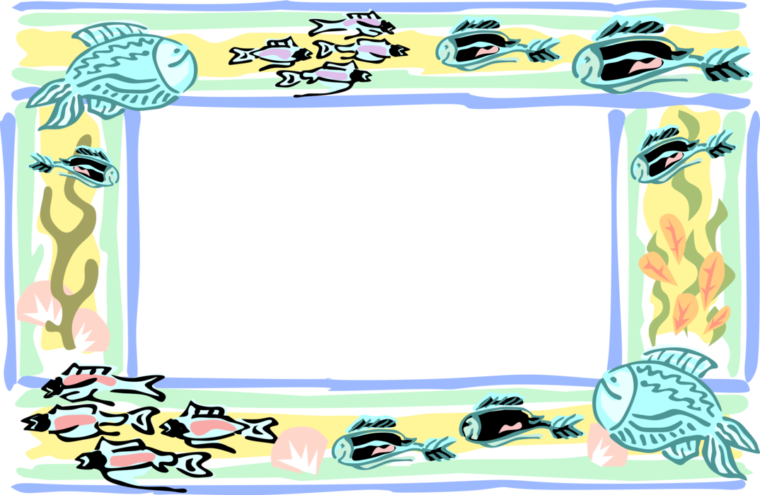 Vector Illustration of Aquatic Sea Life with Fish Swimming Border Frame