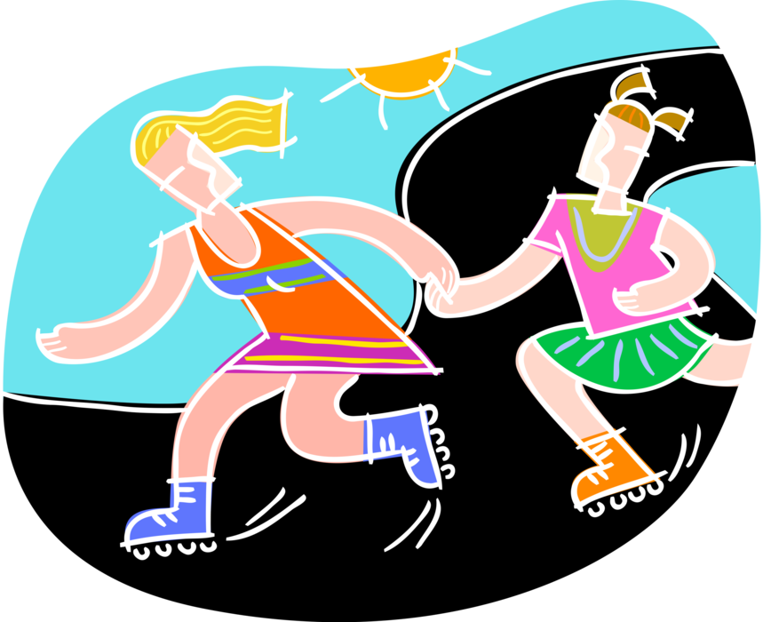 Vector Illustration of Children Rollerblading Together on Rollerblades