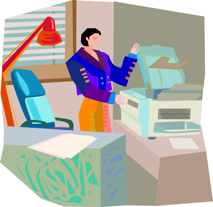 Vector Illustration of Businesswoman Duplicating Documents on Office Photocopier