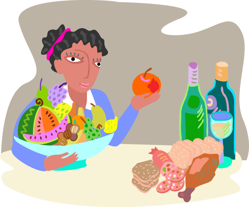 Vector Illustration of Woman with Fresh Fruits, Foods and Wine