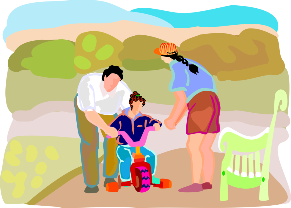 Vector Illustration of Father and Mother Teach Young Child to Ride Tricycle Bike on Patio