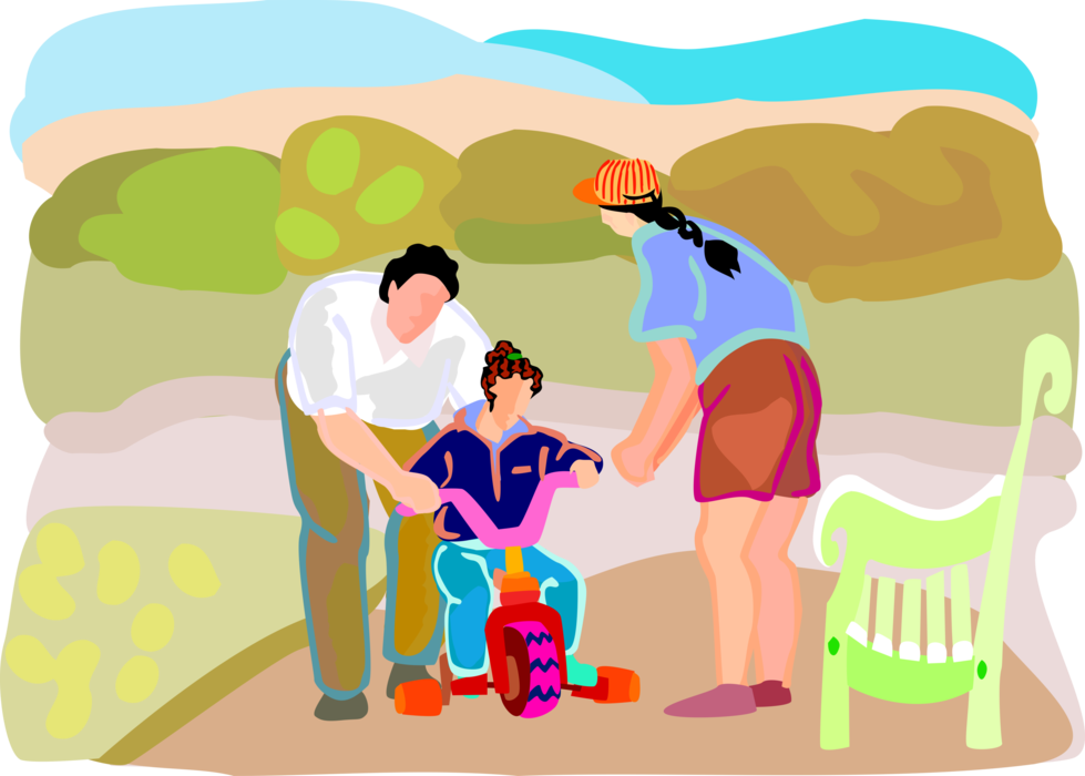 Vector Illustration of Father and Mother Teach Young Child to Ride Tricycle Bike on Patio