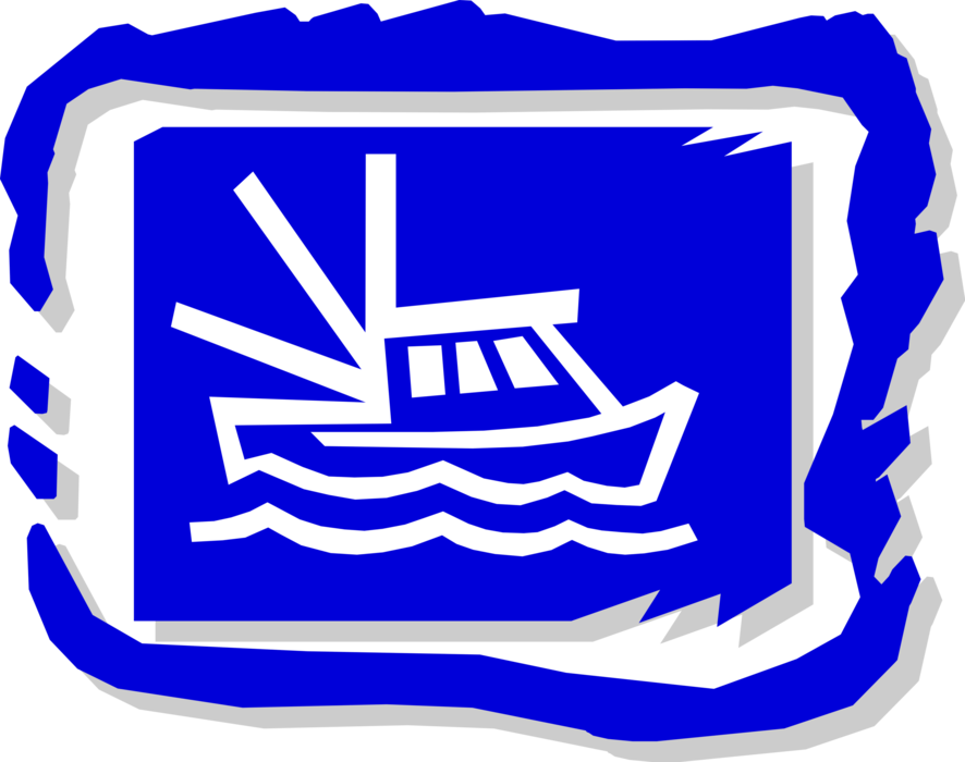 Vector Illustration of Commercial Fishing Trawler Boat Vessel on Ocean