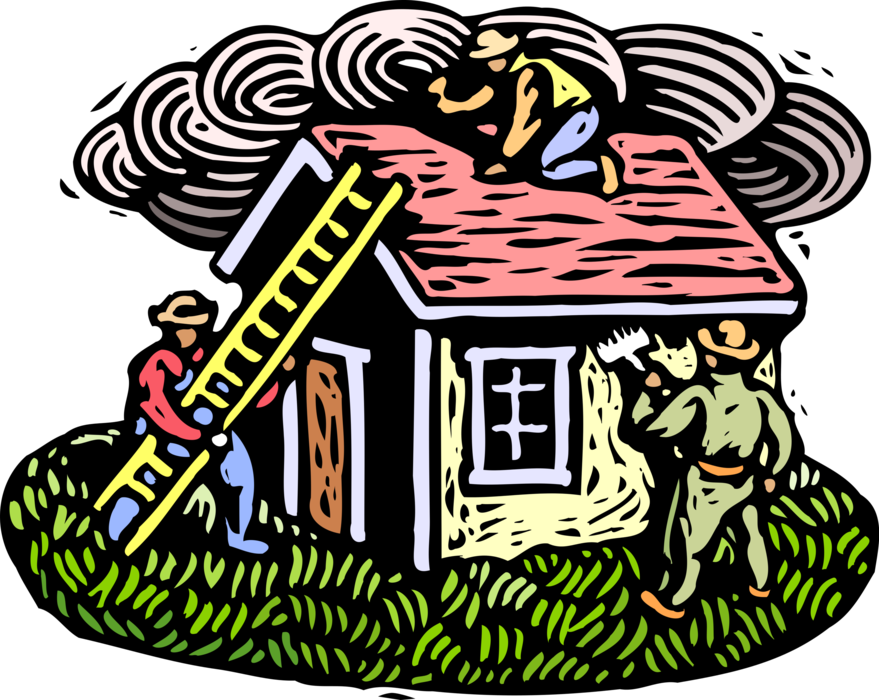 Vector Illustration of House with Home Renovation and Maintenance Workmen