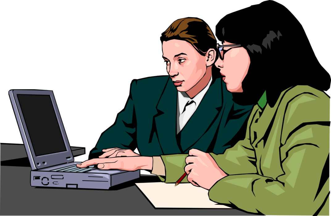 Vector Illustration of Women in the Workplace Review Information on Computer