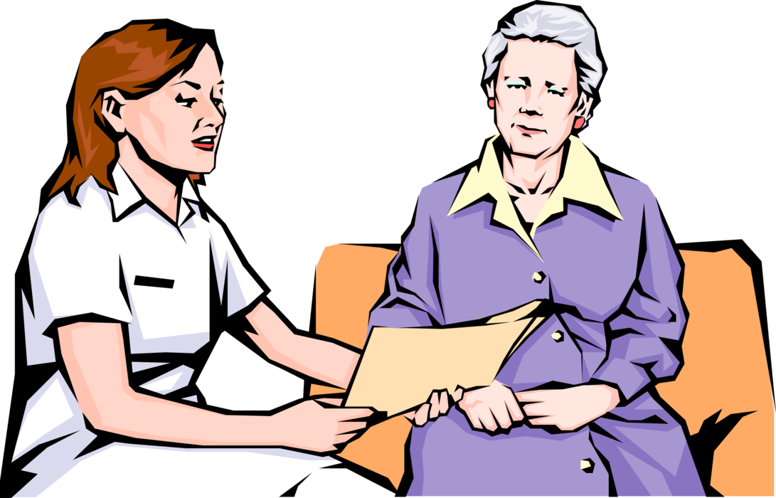 Vector Illustration of Health Care Nurse with Elderly Woman Reviews Medical Doctor's Examination Results