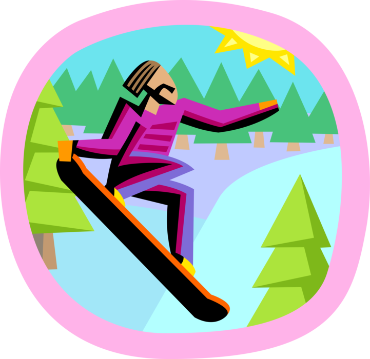 Vector Illustration of Snowboarder Snowboarding Down Hill on Snowboard Catches Air