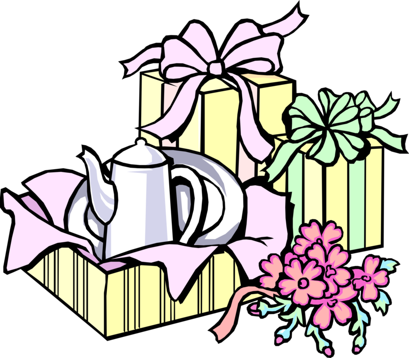 Vector Illustration of Wedding Shower Gifts with Ribbons and Flowers