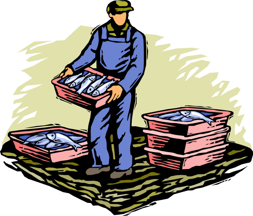 Vector Illustration of Commercial Fisherman Angler with Day's Catch of Fresh Fish