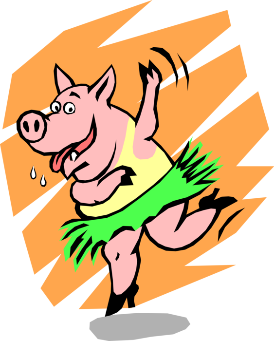 Vector Illustration of Drunken Party Pig in Grass Dress Makes Pig of Himself