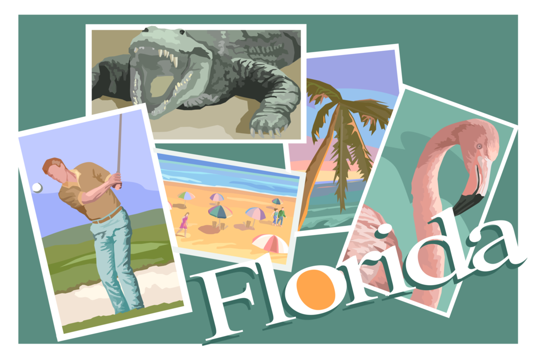 Vector Illustration of Florida Postcard Design with Gators, Golf, Surf and Sand