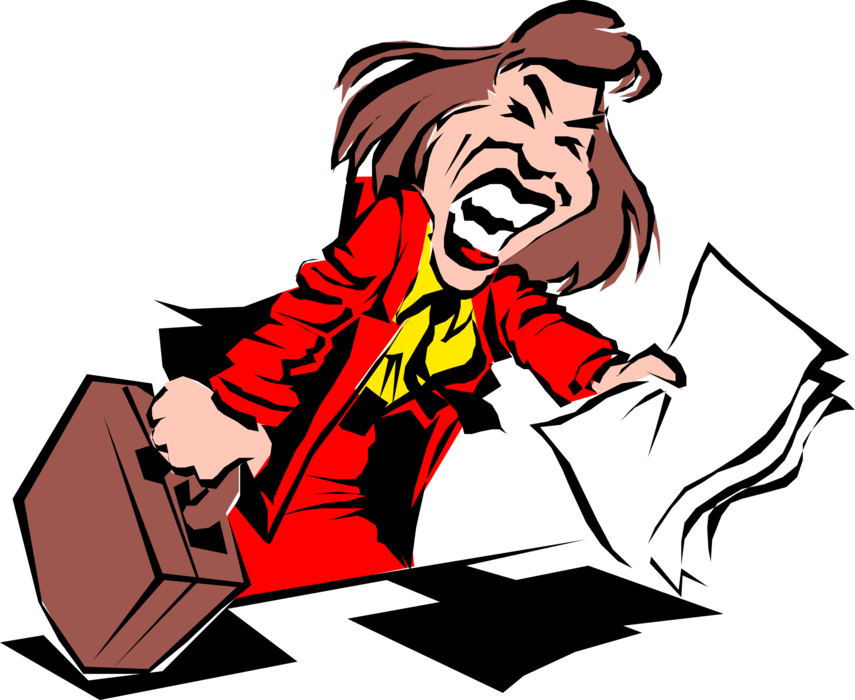 Vector Illustration of Businesswoman with Documents is Mad as Hell