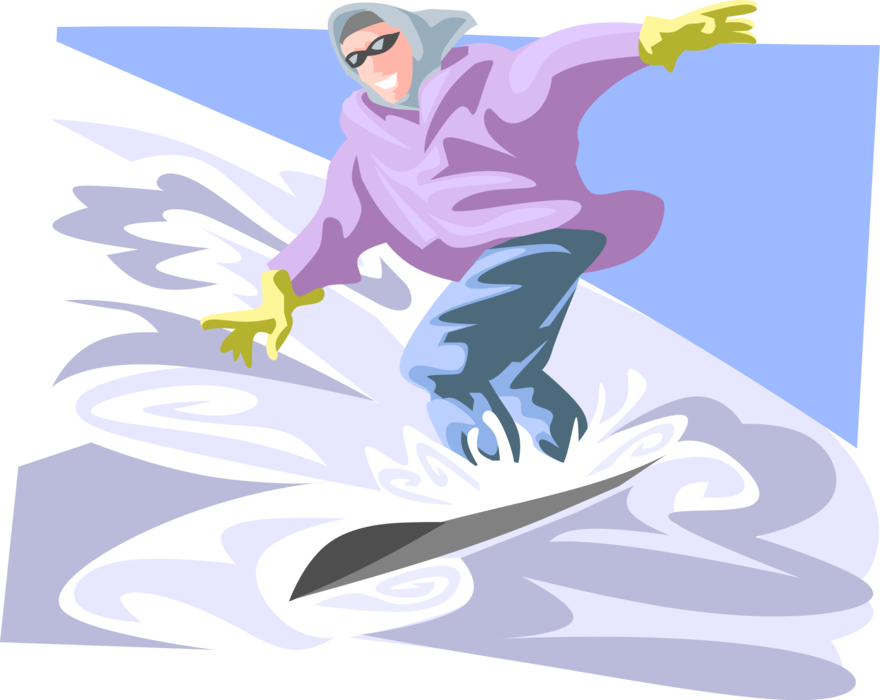 Vector Illustration of Snowboarder Carves Through Fresh Snow on Downhill Ski Hill Snowboarding