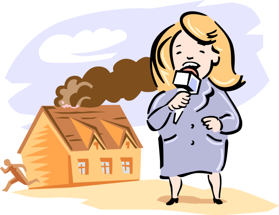 Vector Illustration of Television Reporter on the Scene of House on Fire