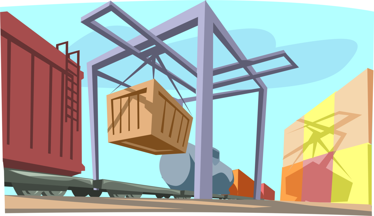 Vector Illustration of Cargo Being Loaded onto Flatbed Locomotive Rail Car for Shipping