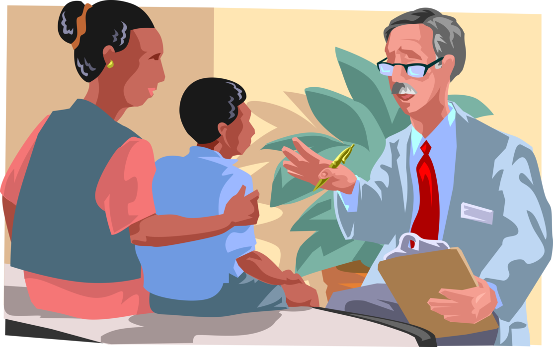 Vector Illustration of Medical Physician Doctor's Office Time for Checkup with Young Patient and Mother 