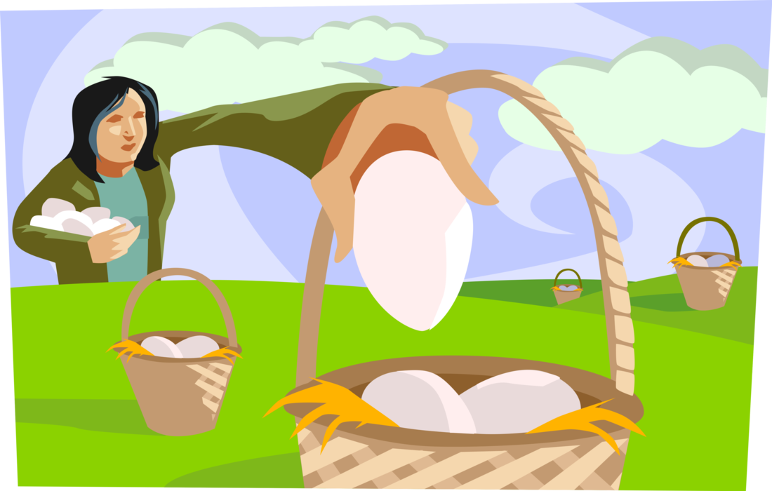 Vector Illustration of Businesswoman is Smart Not to Put All Her Eggs in One Basket