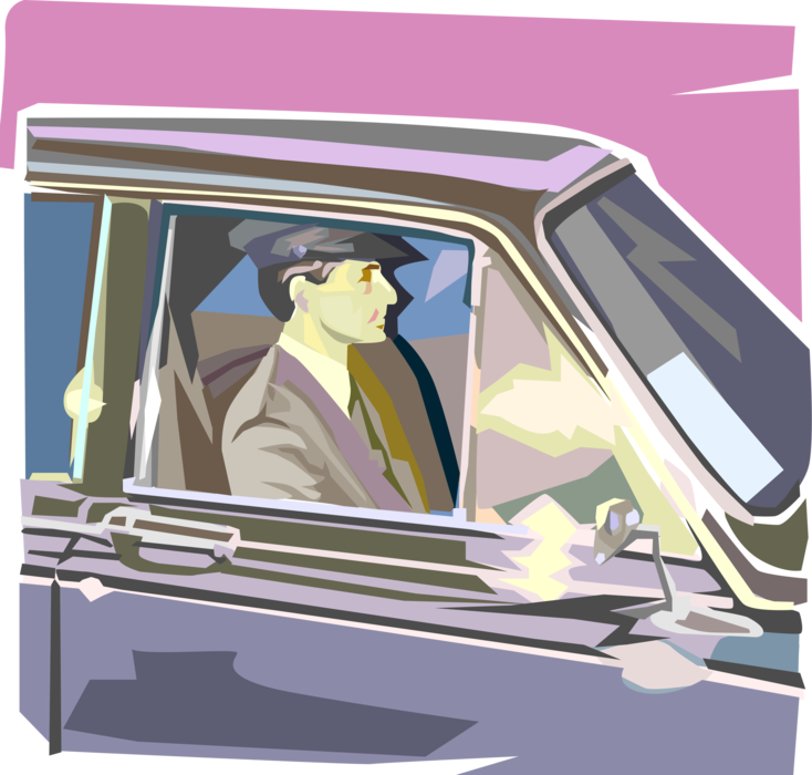 Vector Illustration of Chauffeur Driver Waits in Limousine Automobile Motor Vehicle