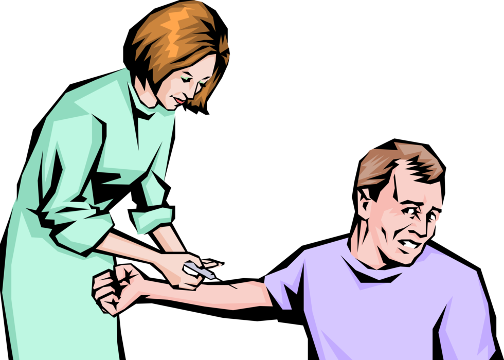 Vector Illustration of Health Care Nurse Giving Man an Injection with Hypodermic Needle 