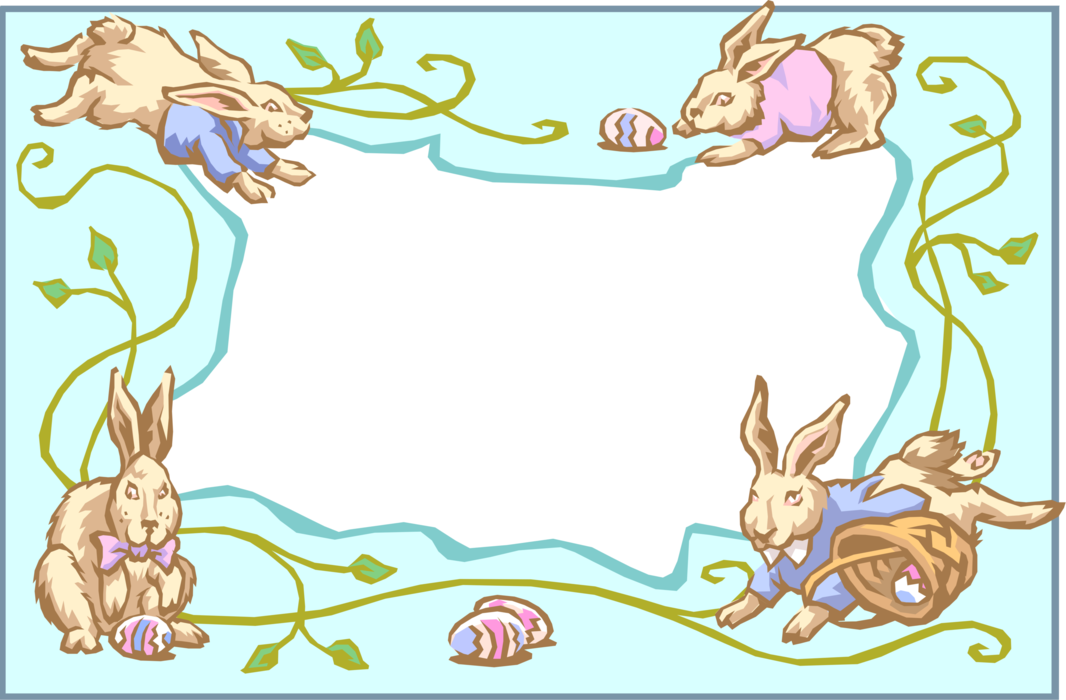Vector Illustration of Easter Bunnies with Baskets and Easter Eggs Border Frame Celebrate Resurrection of Jesus Christ