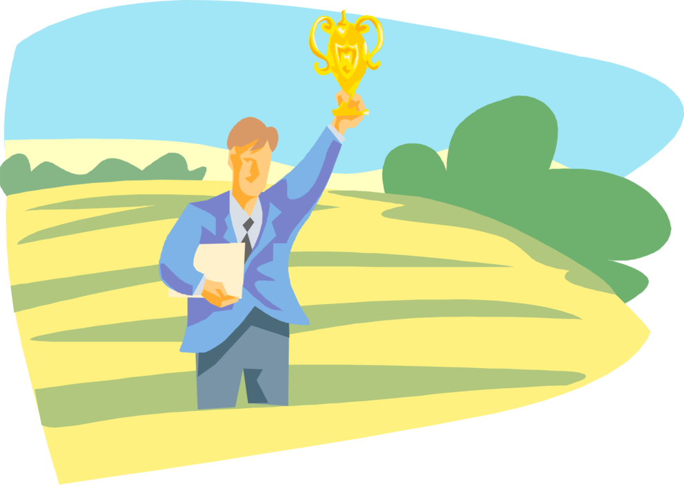 Vector Illustration of Businessman Holds Up Winner's Gold First Place Trophy 