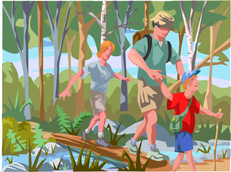 Vector Illustration of Family on Hiking Trip Crossing Creek in Forest