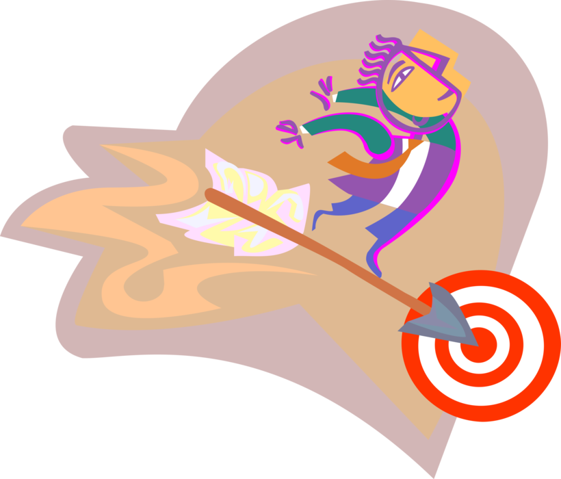 Vector Illustration of Businessman with Archery Arrow Hitting Its Mark on Bullseye or Bull's-Eye Target