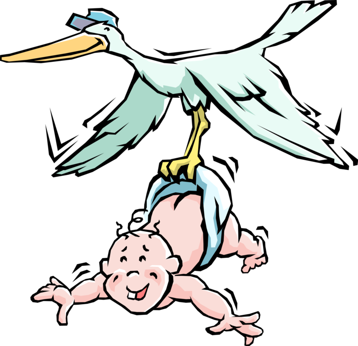 Vector Illustration of Stork with One-Toothed Ugly Newborn Baby