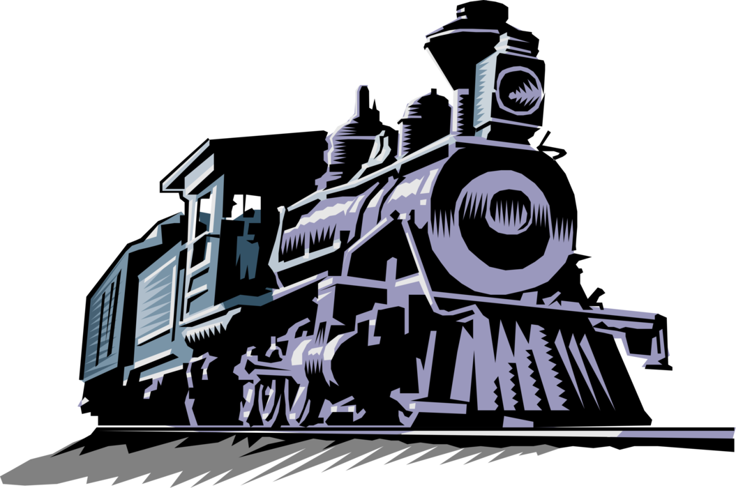 Vector Illustration of Old Steam Railroad Rail Transport Speeding Locomotive Railway Train