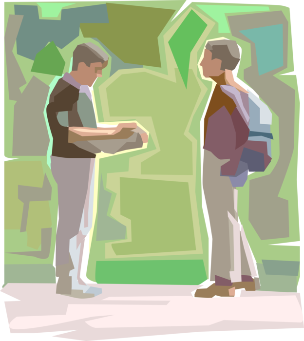 Vector Illustration of Students Discuss Homework Assignment Outdoors