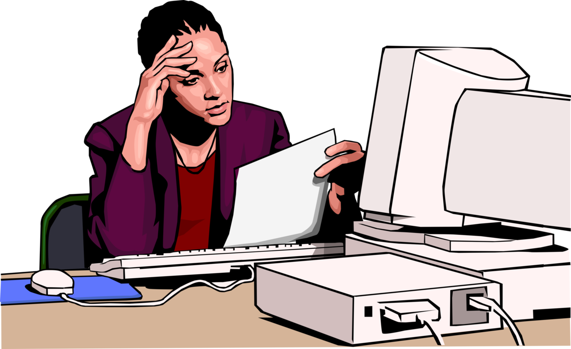 Vector Illustration of Businesswoman Reads Printed Document at Her Desk