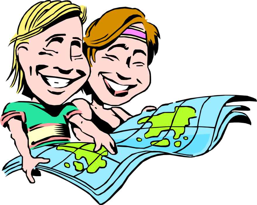 Vector Illustration of Male and Female Couple on Vacation Study Navigation Map 