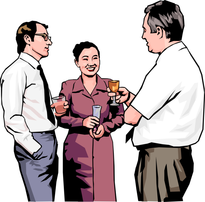 Vector Illustration of Office Party Colleagues Engage in Conversation with Alcohol Beverages