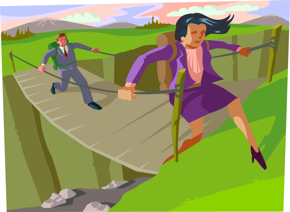 Vector Illustration of Business Associates Cross Bridge Over Dangerous Chasm