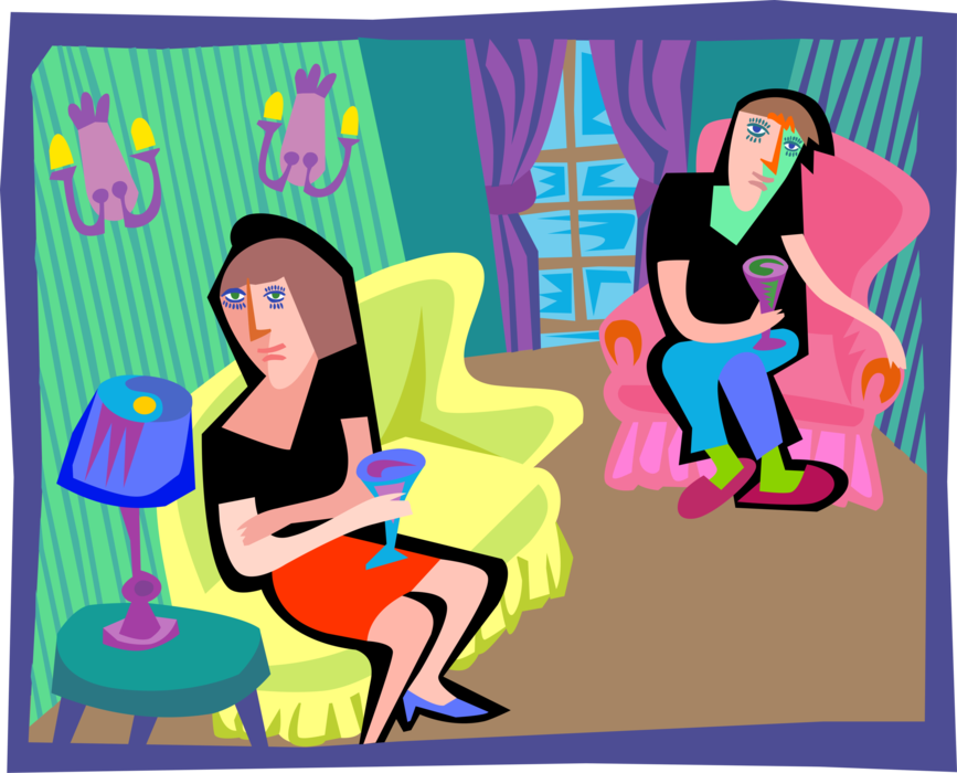 Vector Illustration of Man and Woman Sitting in Their Room with Wine Glasses