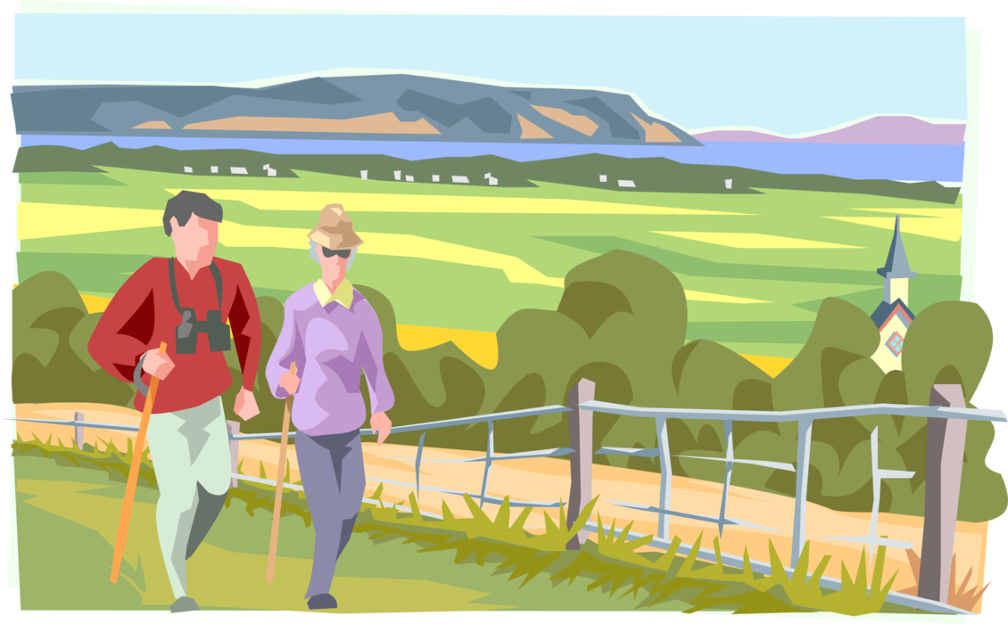 Vector Illustration of Walking Tour Travel Along Country Trail with Coastline and Countryside