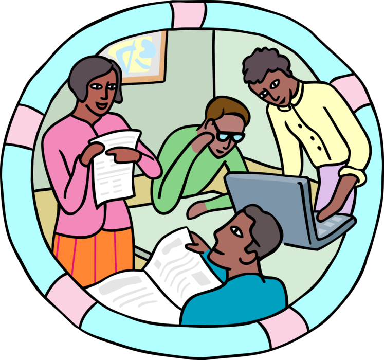 Vector Illustration of Students with Teacher or Professor Work on Project