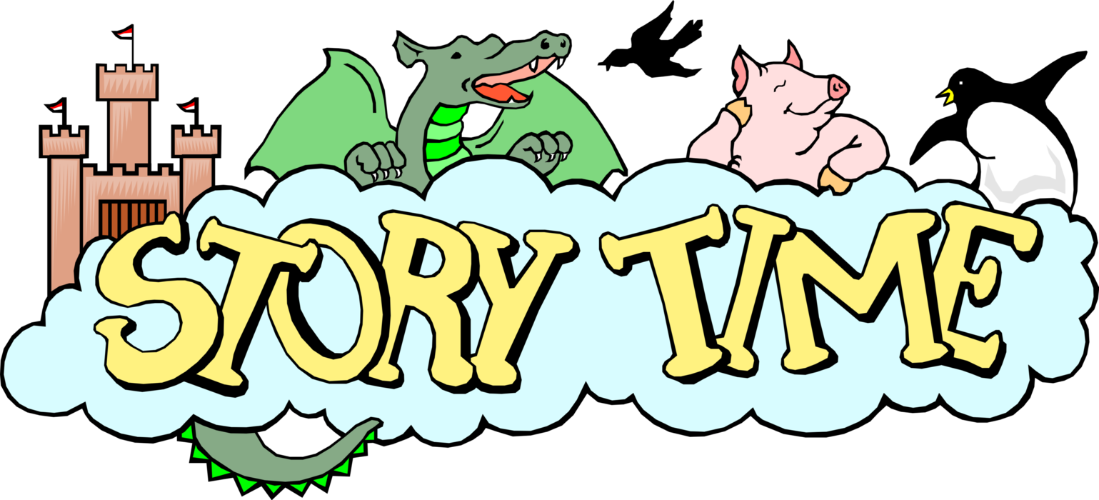 Vector Illustration of Story Time Title with Animal Dragon, Pig, Penguin and Castle