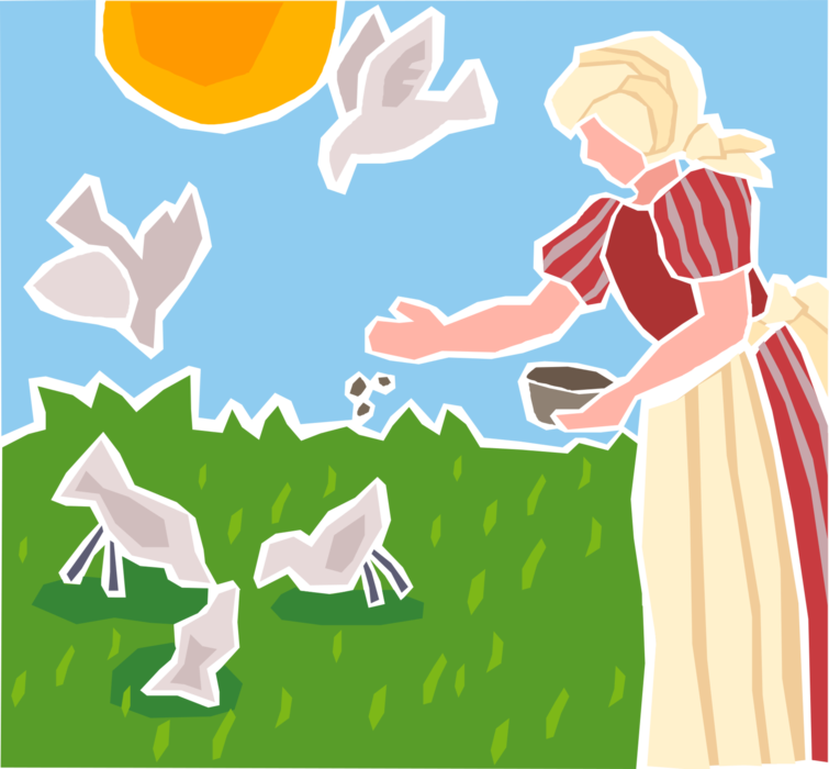 Vector Illustration of Girl Feeding Birds Outdoors in Summer Sun