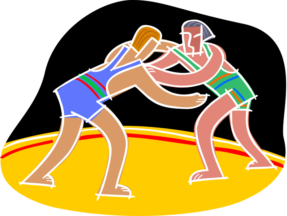 Vector Illustration of Wrestlers Wrestle During Competitive Wrestling Match